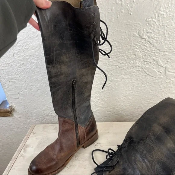 Bed Stu Boots Leather Manchester Knee Hi Lace up Brown Black Distressed 8.5